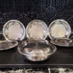 MCM Stainless Steel Serving Set , Bowl And Plates, Vintage Steel Plates, Retro